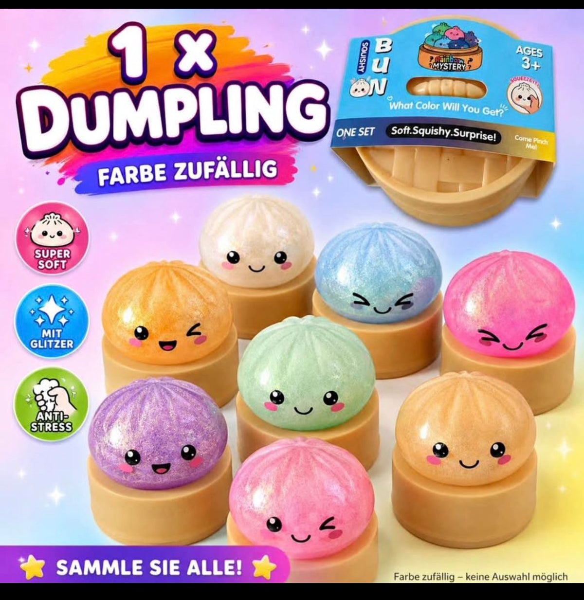 Squishy Bun Dumpling Anti-Stress, super soft, Glitzer
