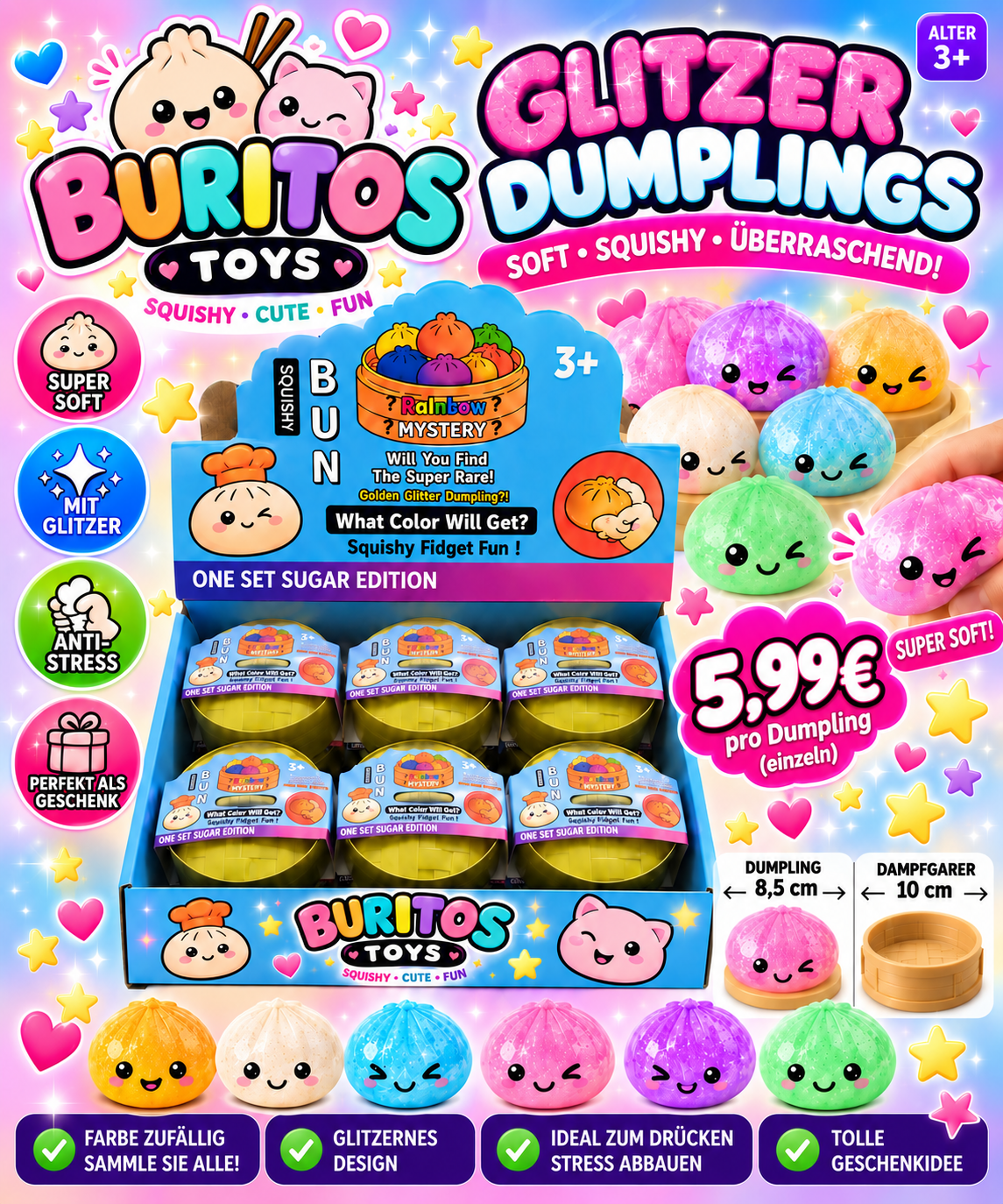 Squishy Bun Dumpling Anti-Stress, super soft, Glitzer